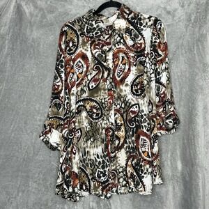 Avenue 18 20 1X Top Shirt Brown Paisley Button Up Tab 3/4 Sleeve Collared Women